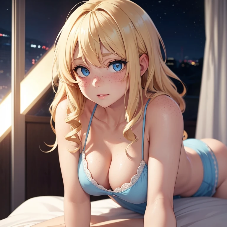 girl with messy blonde hair, reaching her shoulders, slightly curly, white skin,blue eyes,freckles,blusing, attractive,submissive look, she is in a room at night on a bed