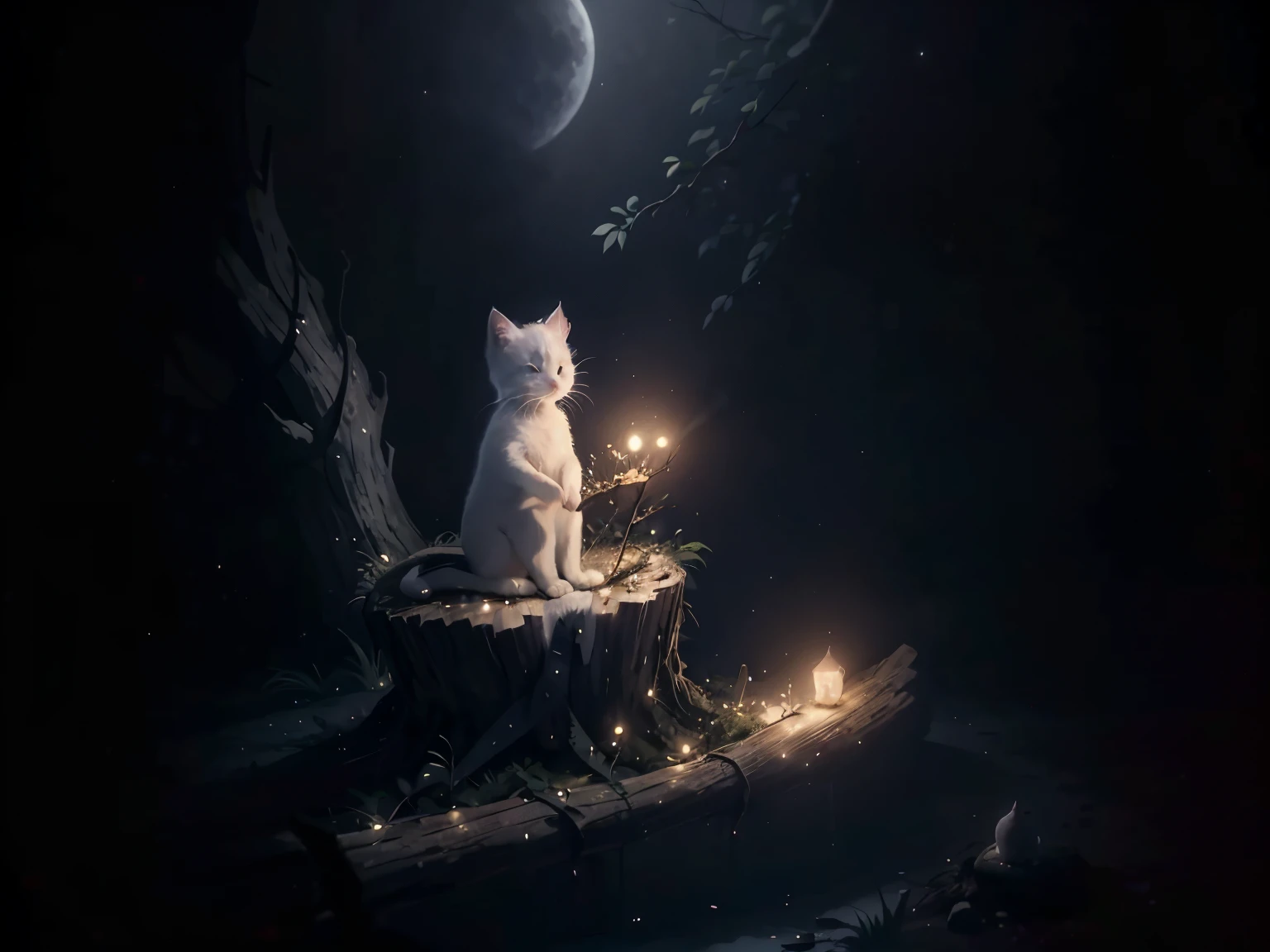 A stary night with full moon in a dense forest filled with light fog and mist and in the middle of the forest there a log cut in half and a beautiful white kitten sitting on the log and staring at the moon