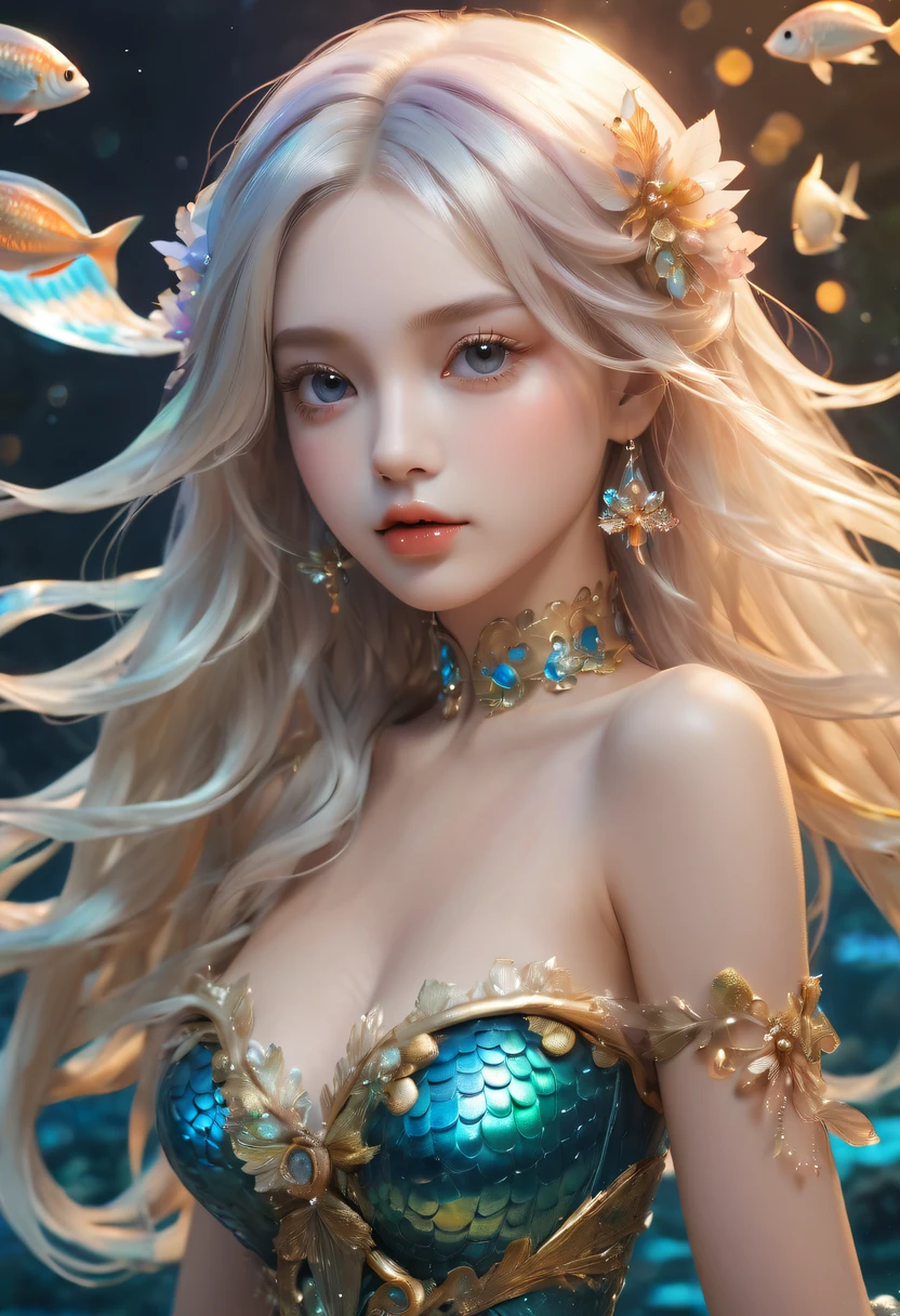 low-teengirl, 10yo, princess of dragon, (Highest quality authentic textured skin),(abyssal),(Fine, Round, Symmetrical eyes),Delicate facial features,(Burning bright and cold eyes), she have beautiul tiger eyes, very slim and thin body, naked, nude, (She has a mischievous smile on her face),(Her face is gentle and beautiful),Glass earrings on the ears,,(Blonde hair),(silvery white hair),(Maroon hair),(Swim at the bottom of the sea),(Full body portrait:1.5),(Dramatic photo:1.4),(dramatic pose),(flamboyant photo)(facing up),(Looking down),(Around her neck hangs a simple necklace of exquisite craftsmanship),A messy painting,(Hair flows in water:1.5),(Underwater, Marine life, Beautiful coral reef, Fish),(Vortices and tidal currents in the background),(Dramaticlight),(Magnificent scene),(Surrounded by beautiful dragon),In the distant background is a temple submerged in a coral reef,the reef,Epic realism,Cinematic feeling,(high-density imaging review:1.5),(Soft color:1.2),Ultra detailed,Dramaticlight,(intricately details:1.1),the complex background,