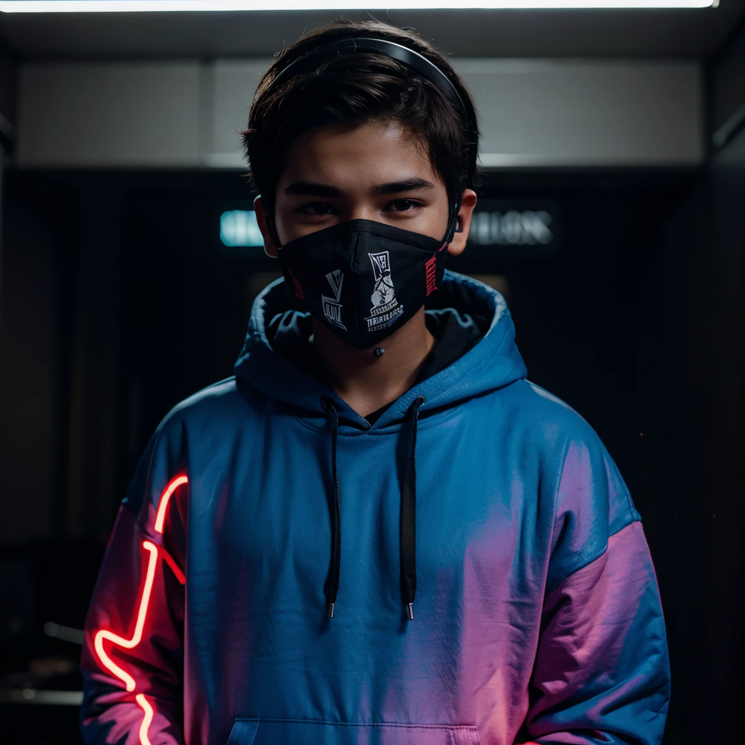 A boy who wear a mask, headphones, hoodie, and in neon lights