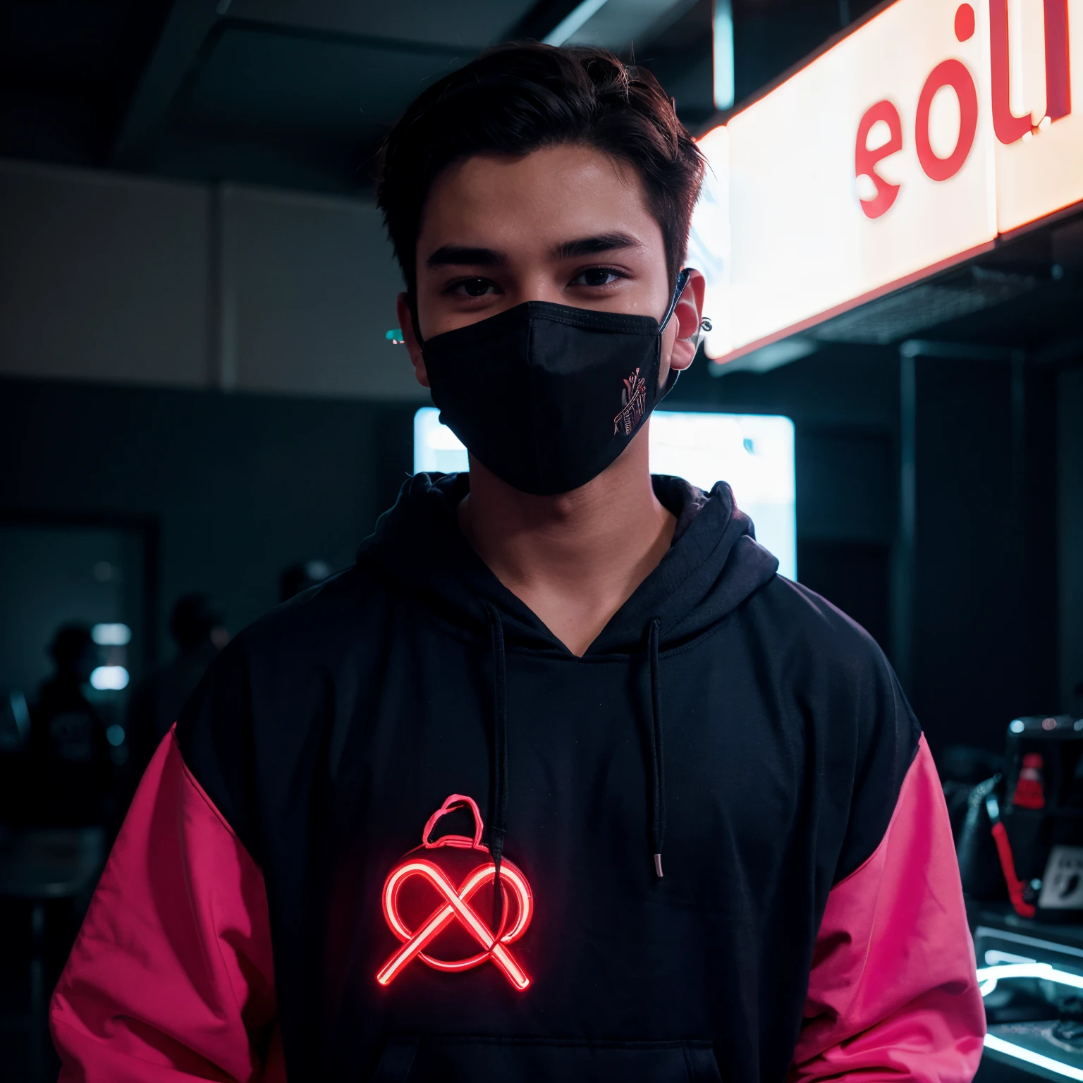 A boy who wear a mask, headphones, hoodie, and in neon lights