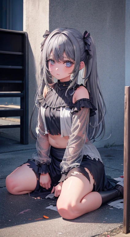 6ar old girl, The kinky exposed,Long gray hair,Loving eyes,Torn clothes,kneeling down,Being bullied,Tragic,Fat legs,