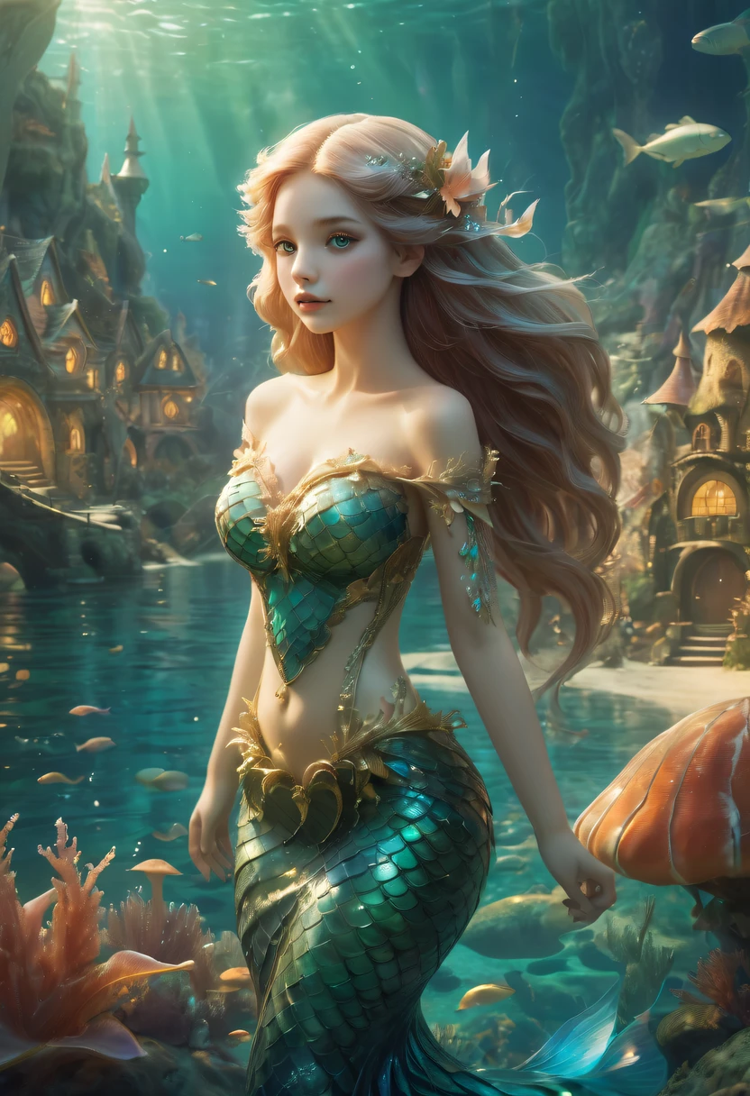 Fairy Tale Village,ocean floor,Beautiful mermaid princess
