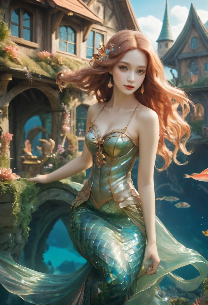 cute 20 year old mermaid with golden wavy hair with pretty hair accessoires in the ocean below the surface sitting on a stone playing a golden harp in the sunlight, sun is shining, wears a golden glittery mermaid bra, beautiful mermaid, beautiful detailed human face, red lips, alluring eyes, elaborated mermaid baby blue tail, serene, masterpiece, full body shot, highres, high resolution, high quality, intricate details, extremely detailed, incredible details, full colored, complex details, insanely detailed and intricate, extremely detailed with rich colors. masterpiece, best quality, HDR, UHD, unreal engine, High quality, gorgeous, glamorous, 8k, super detail, gorgeous light and shadow, detailed decoration, detailed lines, glittery, fantasy, pretty colors, anime style