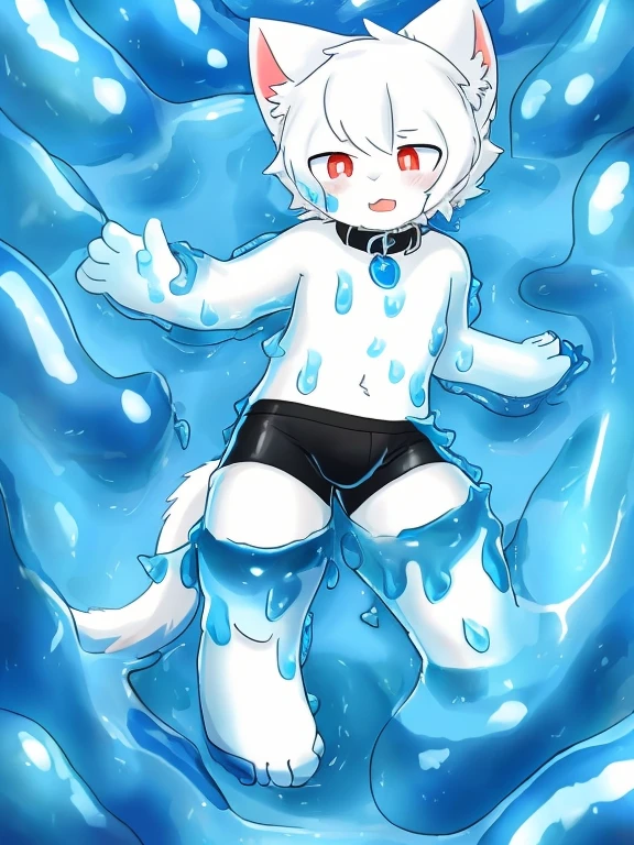 White cat sitting in blue slime