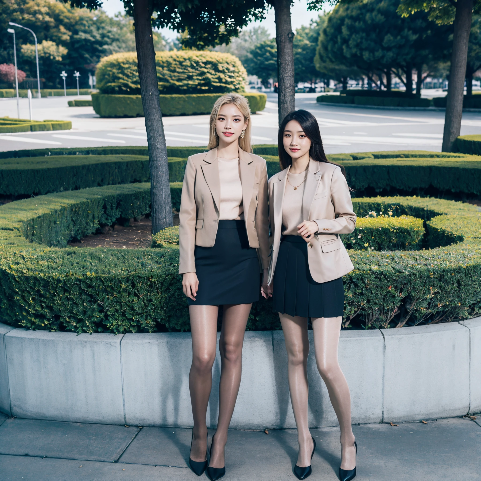 tmasterpiece, Best quality at best, 1 Sister, The beautiful, the good, Exquisite, extremly intricate, detailed hair, Blonde hair, jaket, (tmasterpiece)), Very meticulous, Best quality at best, A high resolution, ((at park)),, ssmile,  Skin color pantyhose，a black skirt，Black  top，In Park，standing on your feet