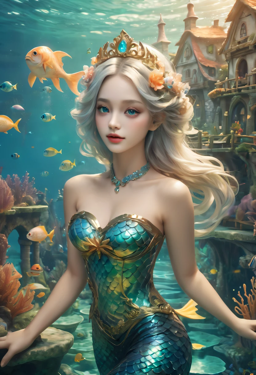 Fairy Tale Village，ocean floor，Beautiful mermaid princess