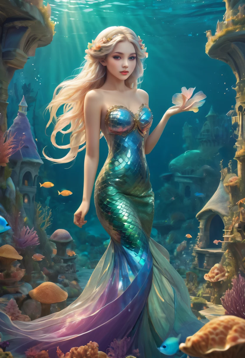 Fairy Tale Village，ocean floor，Beautiful mermaid princess