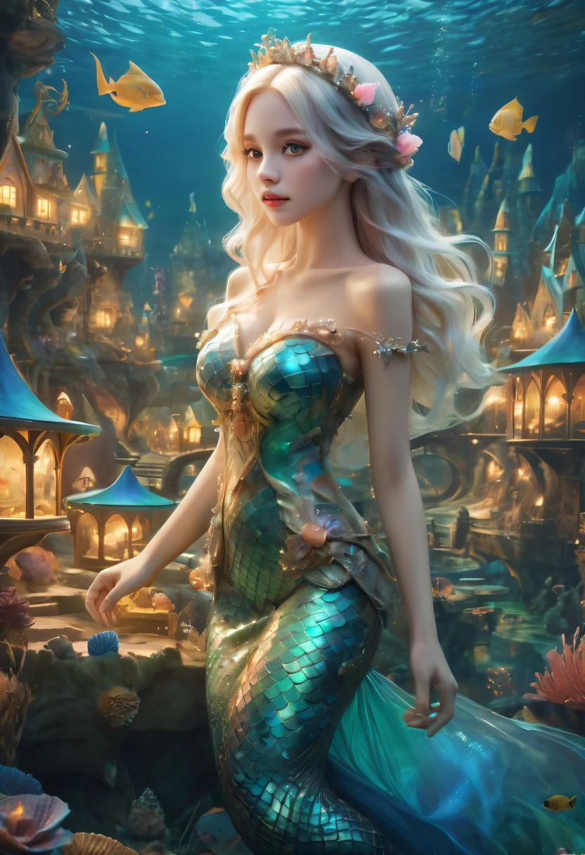 Fairy Tale Village，ocean floor，Beautiful mermaid princess