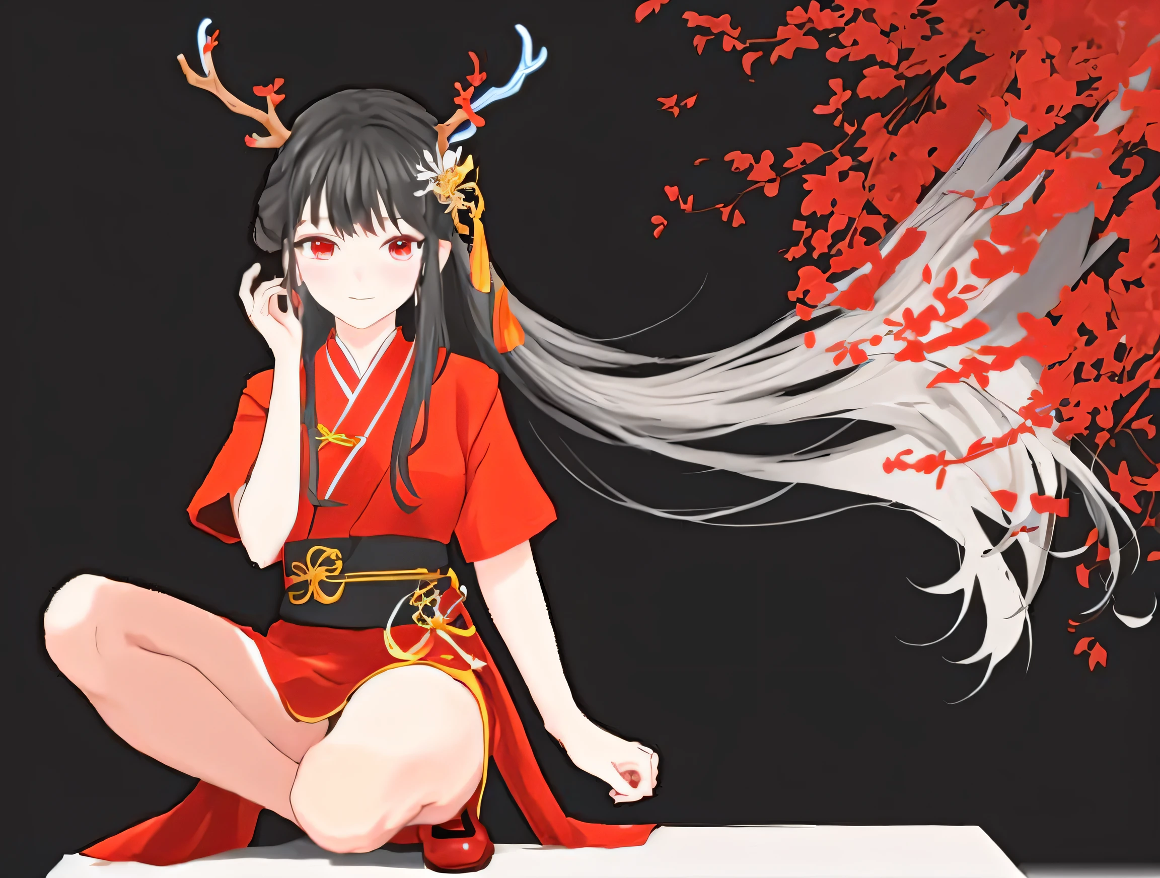 anime girl in red dress,There are antlers, Blue antlers,Inspired by Ma Yuanyu, inspired by Yao Tingmei, full body xianxia, Inspired by Li Meihu, Inspired by Tang Yifen, Inspired by Qiu Ying, inspired by Zou Yigui, Inspired by PwC, Inspired by Huang Ji, Inspired by Chen Lu,sit down action
