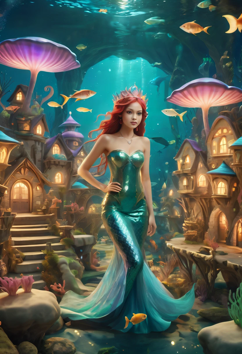 Fairy Tale Village，ocean floor，Beautiful mermaid princess