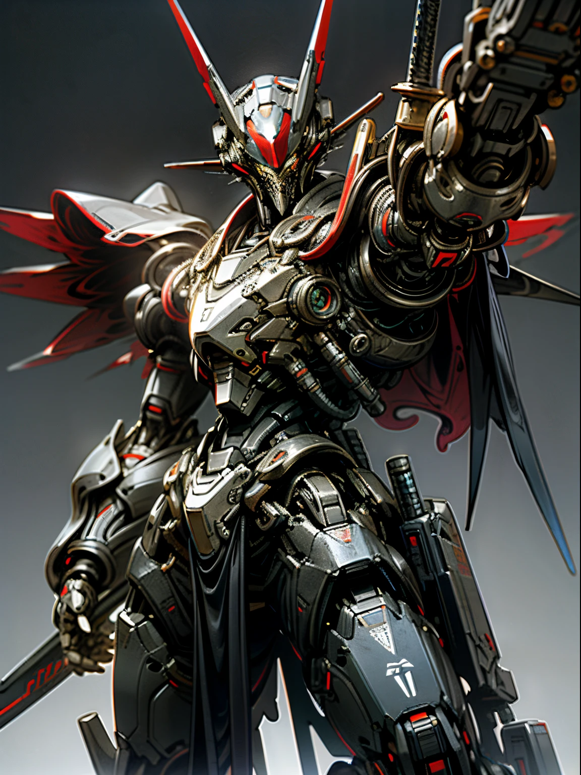 Raw foto,Dark_Fantasy, Cyberpunk, (Big Revolver, Sword Man, Red: 1.1), 1man, Mechanical Wonder, Robotic Presence, Cybernetic Guardian,