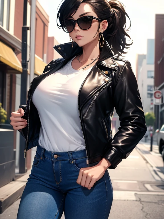 (masterpiece:1.2, best quality), 1lady, solo, upper body, big tits, Chic and edgy leather jacket paired with a classic white t-shirt and distressed jeans Confident and effortless with minimal makeup and a messy bun (Music festival or a trendy downtown neighborhood) Statement sunglasses and chunky jewelry, with a cross-body bag for convenience