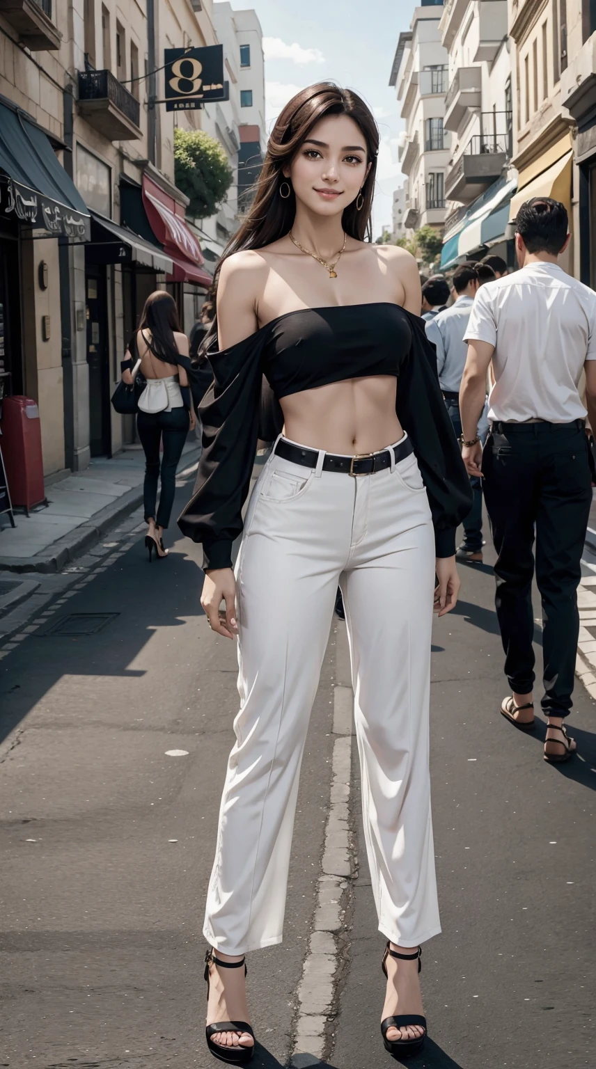 25 year old arab woman、Brown hair、black eyes、Semi-long、setting hair、Slender but well-proportioned muscular body、a smile、She is wearing a one-shoulder top with a wide open chest.、Wearing high heels、I&#39;m wearing low rise pants、a smile、Breasts are big、I&#39;m on a street lined with high-end brand stores