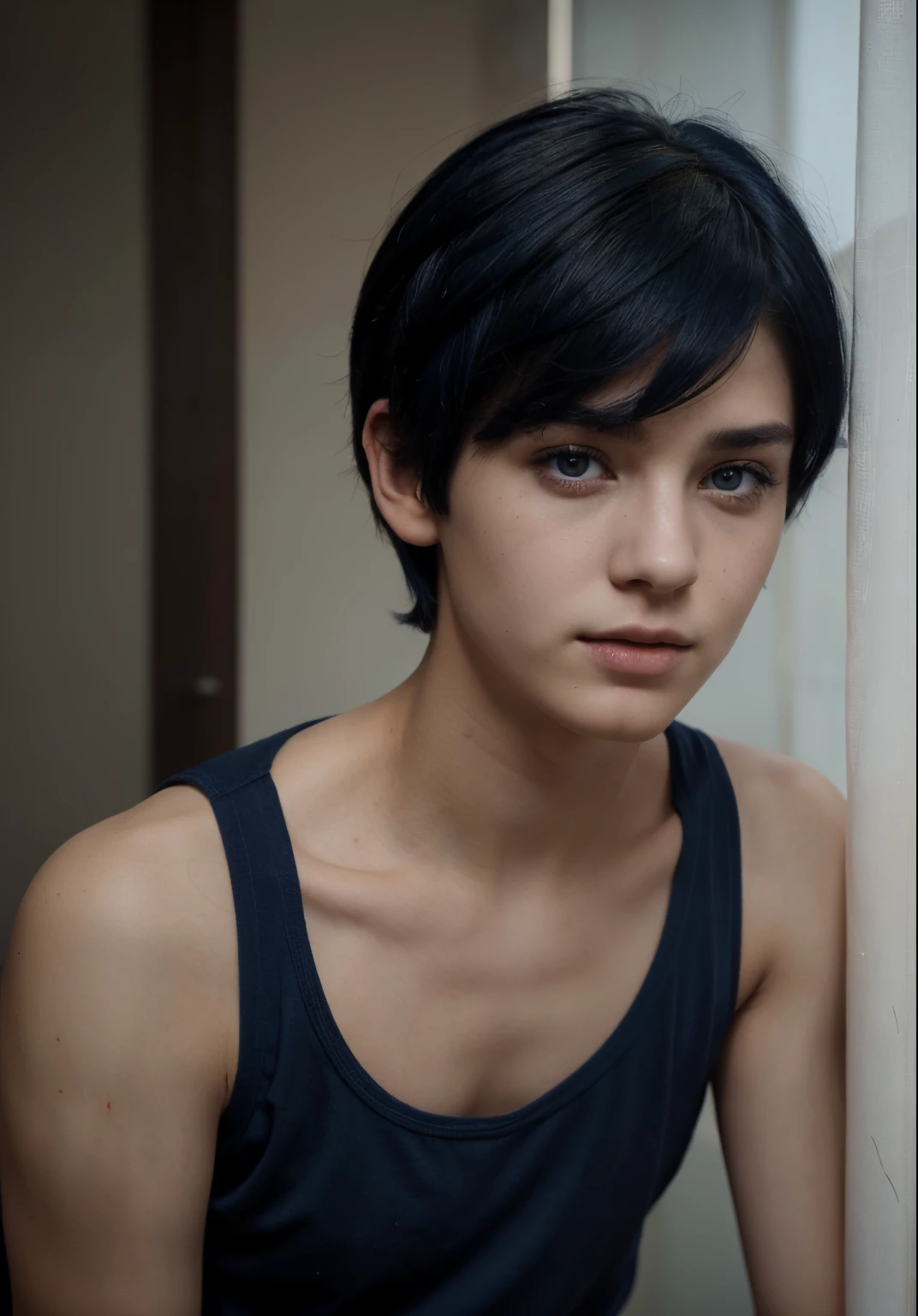 Young boy, boy who has femnine face, femboy, dark blue hair, short hair, dark blue hair, femboy, young boy, hot, sexy, close up of face, young, femnine face, male, pale skin,