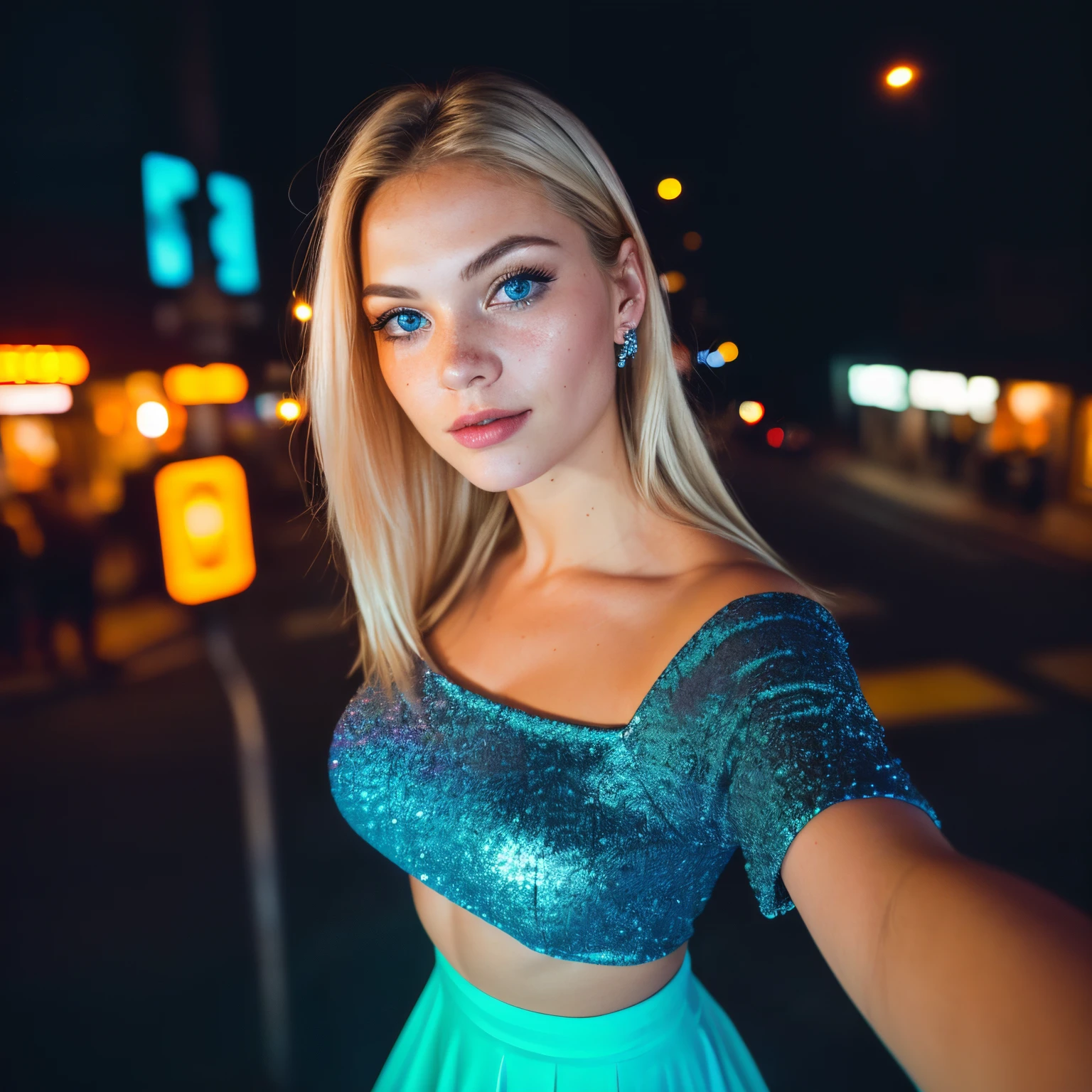 (selfie, top view: 1.4), (straight half of the body: 1.4), RAW UHD portrait photo of a 24-year-old blonde (blue-eyed woman) walking down a disco medium breasts,, city at night, (skirt), (neckline), details (textures! , hair! , glitter, color!! , disadvantages: 1.1), glossy eyes with high detail (looking at the camera), SLR lighting, SLR camera, ultra-quality, sharpness, depth of field, film grain (center), Fujifilm XT3, crystal clear, frame center, beautiful face, sharp focus, street lamp, neon lighting, bokeh (dimly lit), night, (night sky), detailed skin pores, oily skin, sunburn, complex eye details, full body, medium breasts