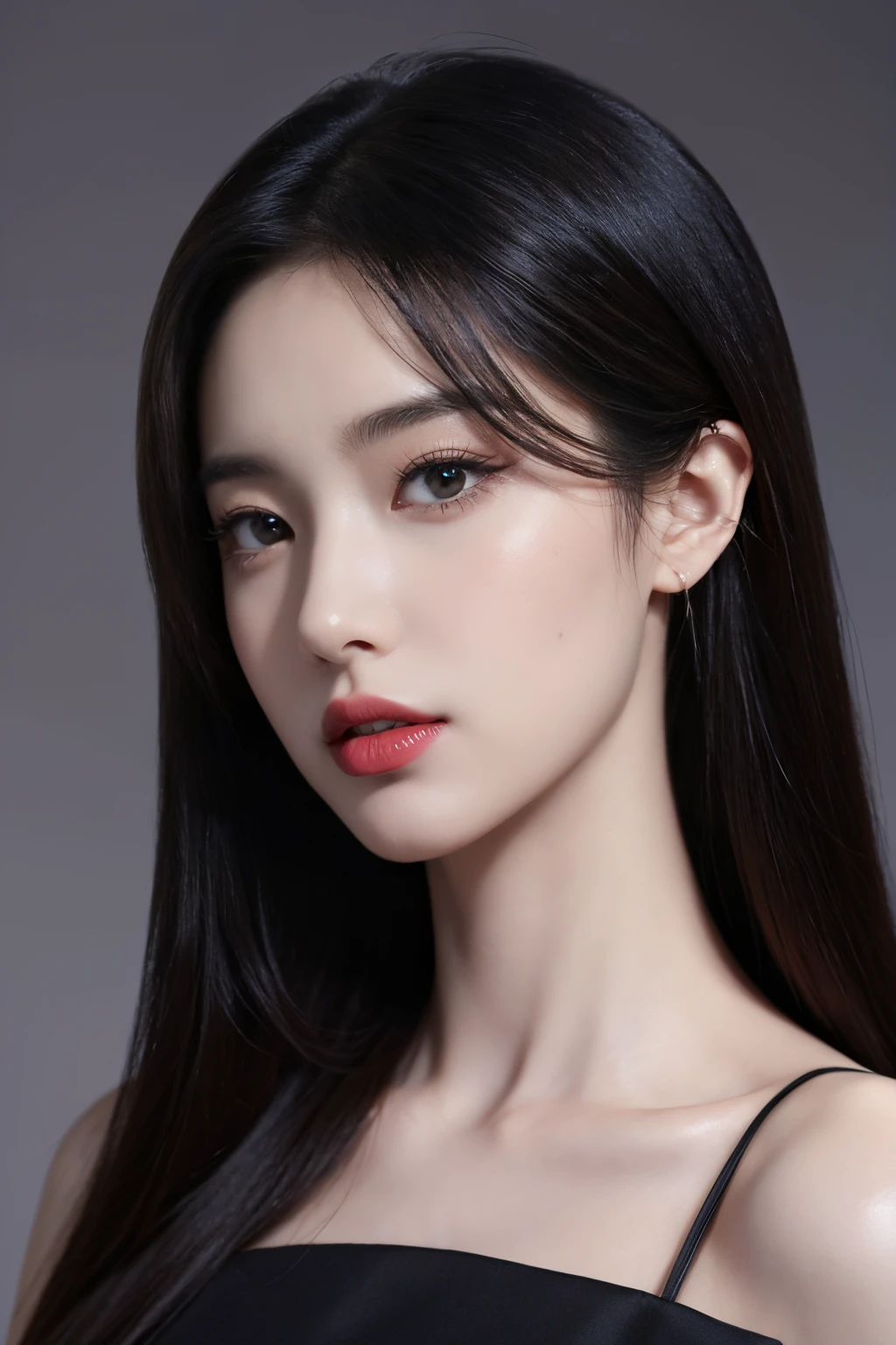 tmasterpiece,Best quality at best,A high resolution,8K,(Portrait),((Head close-up)),Original photo,real photograph,digital photography,(The queen of the modern world),(Female president),20岁女孩,long whitr hair,By bangs,The amount of hair amazing,red eyelash hair),Big breasts,Chest groove, accessories,Redlip,Keep your mouth shuegant and charming,Serious and arrogant,Calm and handsome,(Women's professional wear,Black),Photo pose,Realisticstyle,greybackground,oc render reflection texture