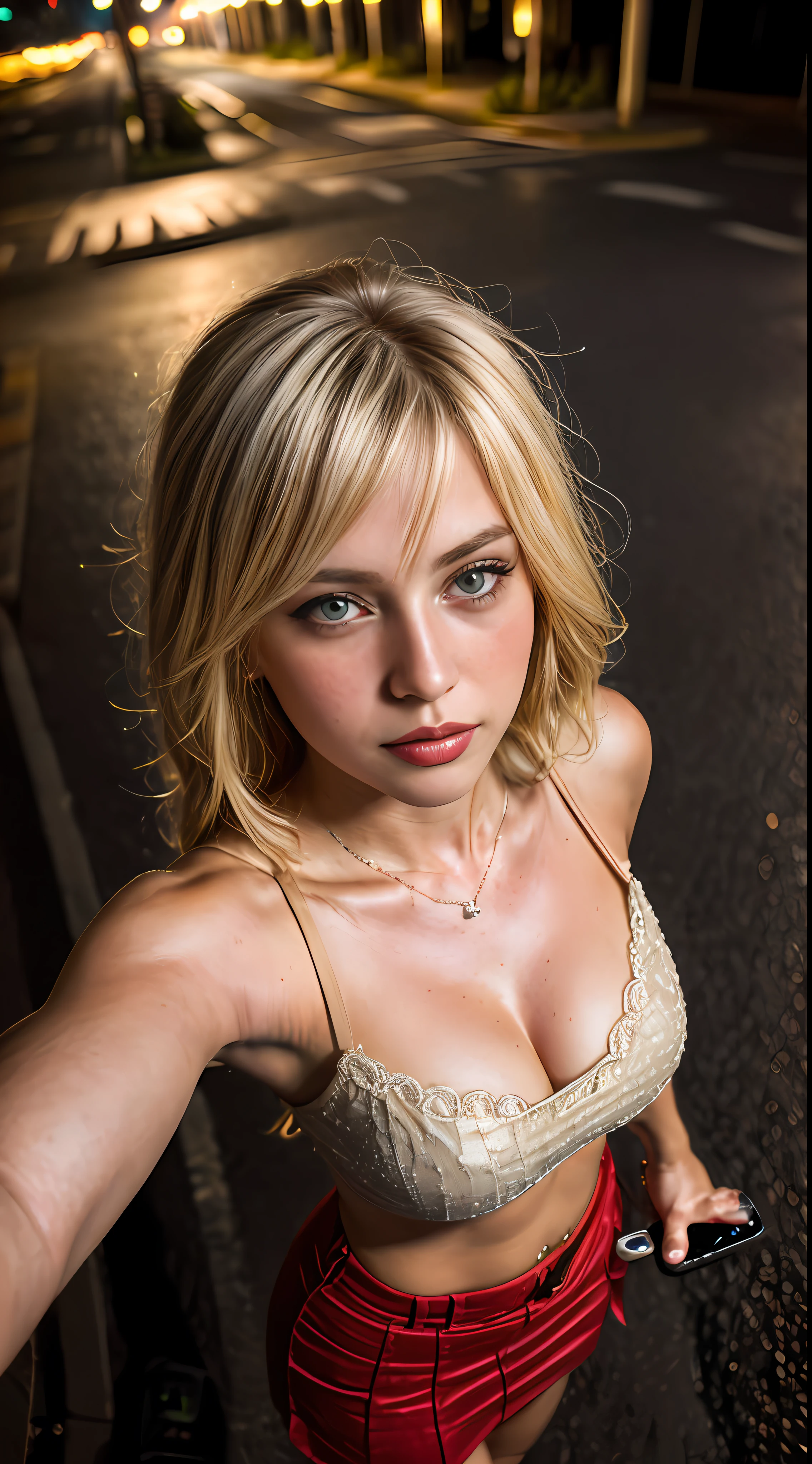 (selfie shot, from above:1.4), (half body postrait:1.4), RAW uhd portrait photo of a 24-year-old blonde (blue-eyed woman) walking down a dark alleyway, natural breasts_b, nighttime city background, (red sundress), (cleavage), detailed (textures!, hair!, shine, color!!, imperfections:1.1), highly detailed glossy eyes, (looking at the camera), specular lighting, dslr, ultra quality, sharp focus, tack sharp, dof, film grain, (centered), Fujifilm XT3, crystal clear, center of frame, cute face, sharp focus, street lamp, neon lights, bokeh, (dimly lit), low key, at night, (night sky) detailed skin pores, oiled skin, tan, intricate eye detail