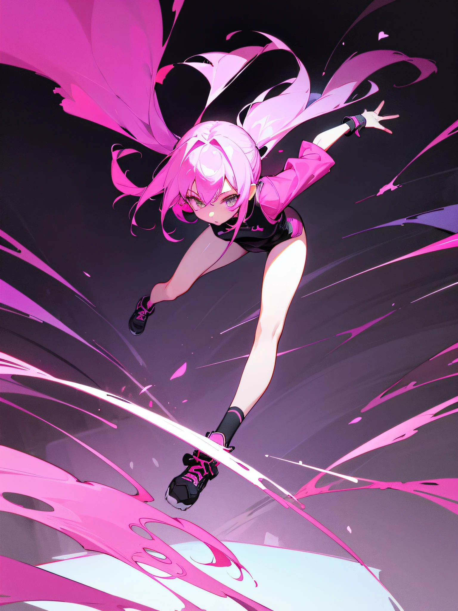 1 female、独奏、Pink hair、Looking at the camera、full body Esbian、top of black sweatshirt、black bontemps、Night town、Neon tones throughout、Cool pose、Parkour、