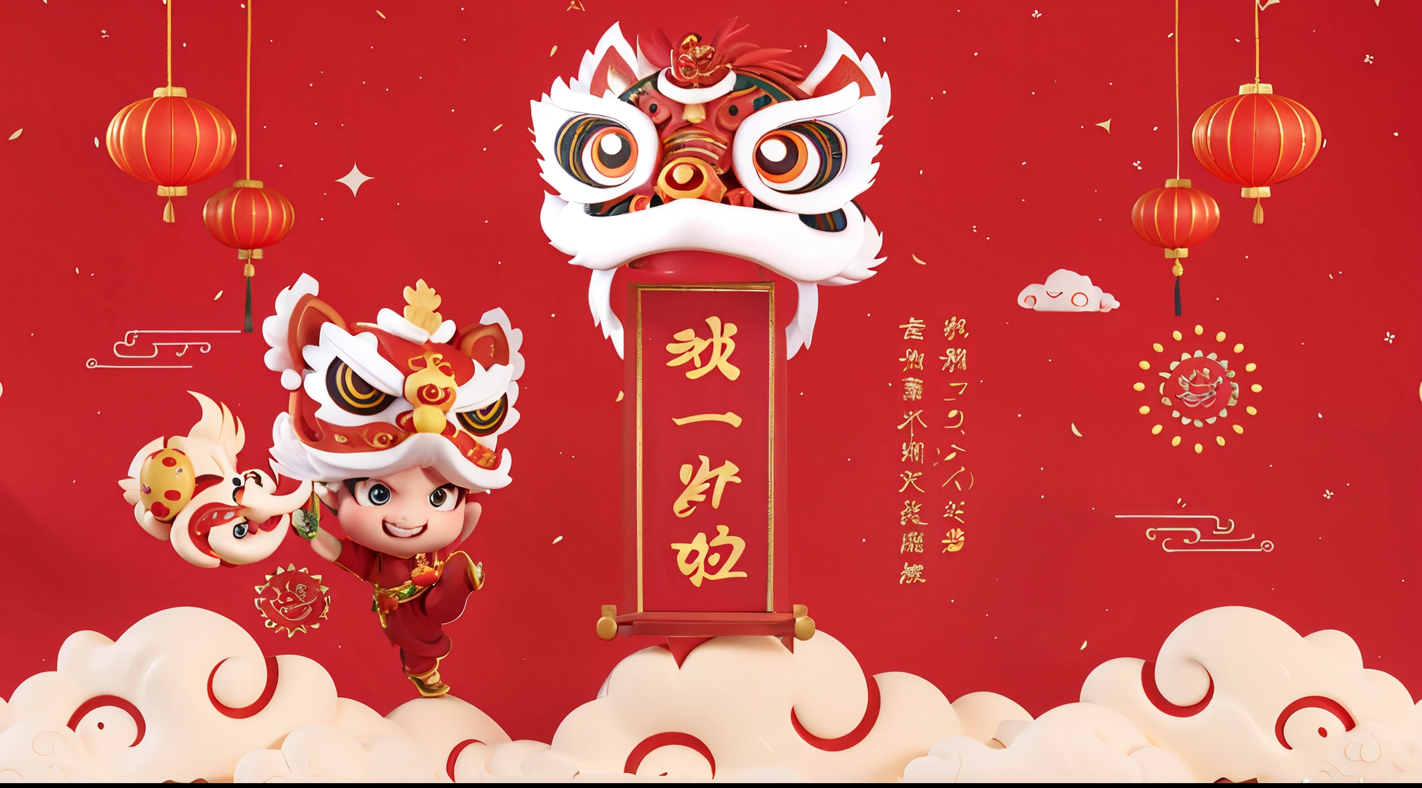 Chinese new year greetings with lion and boy holding dragon, Inspired by Puhua, Celebrating Chinese New Year in Shanghai, Popular topics on cgstation, cgstation trends, Chinese, yellow dragon head festival, 9K, 9K, Inspired by Gong Xian, Chibaxiong background picture, Inspired by Luo Ping