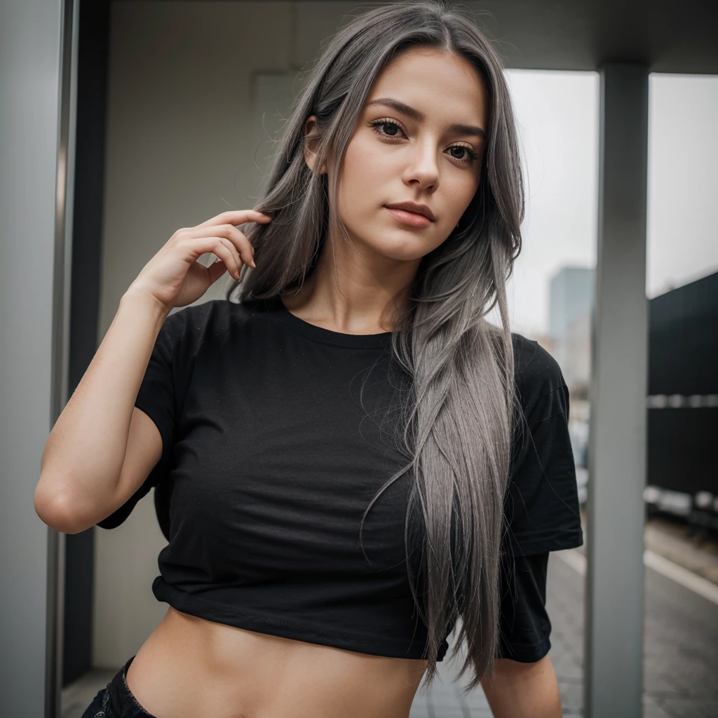 beautiful woman, silver hair, brown eyes, Big breasts, Black t-shirt, sexy, profile look, sunset