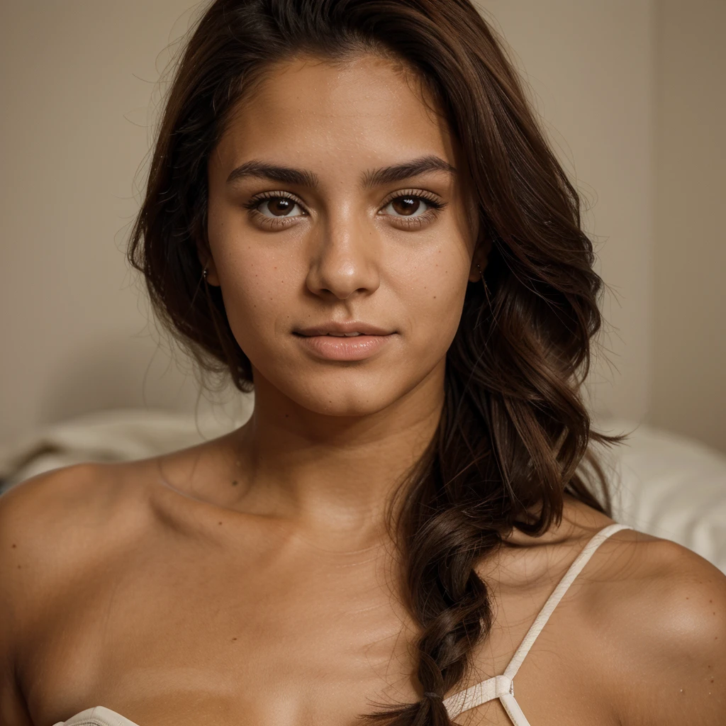 20-year-old tanned Argentine girl measures 1,50 and has an athletic body., Cabello rizado hasta los hombros, perfect face and brown hair