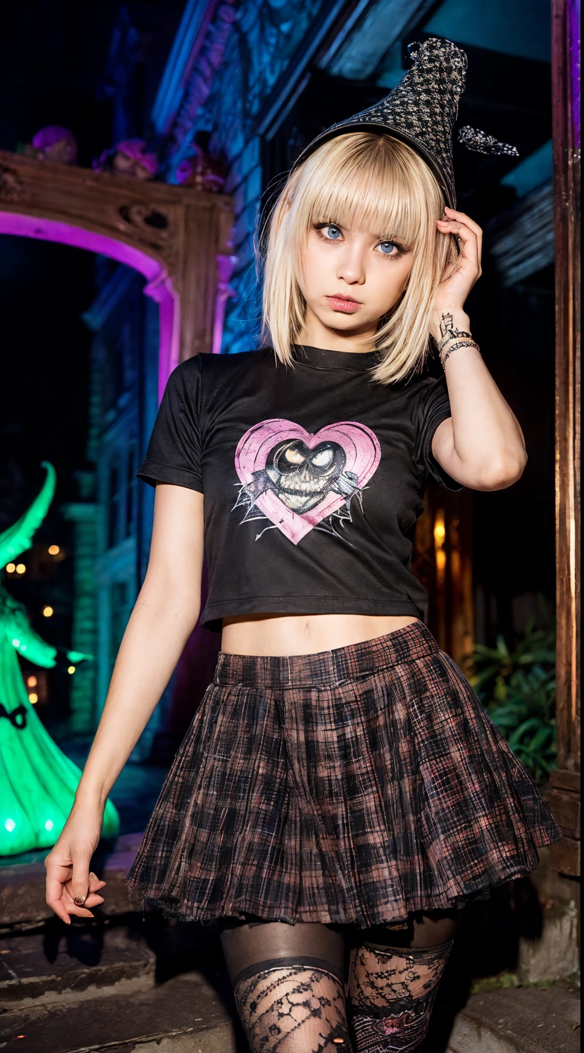 (Ultra-detailed eyes), (((textile shading))), (((Best Quality))), (((masterpiece))), (((Ultra-detailed CG))), sassy girl, (((magical ))), (Petite), (tiny chest), blonde hair, blonde hair, blonde hair, blonde hair ((wolfcut emo hair without bangs, gorgeous hair)), Spooky Season In Punk outfit, Spooky Season In Punk outfit, vibrant Spooky Season In Punk scene, Spooky Season In Punk, Spooky Season In Punk ambiance, Spooky Season In Punk at the front of haunted house:0.2 Spooky Season In Punk image of a women Spooky Season In Punk outfit, immersed in the vibrant atmosphere of a front haunted house. His attire reflects the fashion trends of the Spooky Season In Punk. The Spooky Season In Punk haunted house scene alive with pulsating lights, a lively haunted house, The Spooky Season In Punk ambiance transports viewers back to the spooky and punk era, capturing the spirit of spooky and punk, and self-expression that defined the Spooky Season In Punk culture. heart panel baby tee, black pleated mini skirt, pastel color