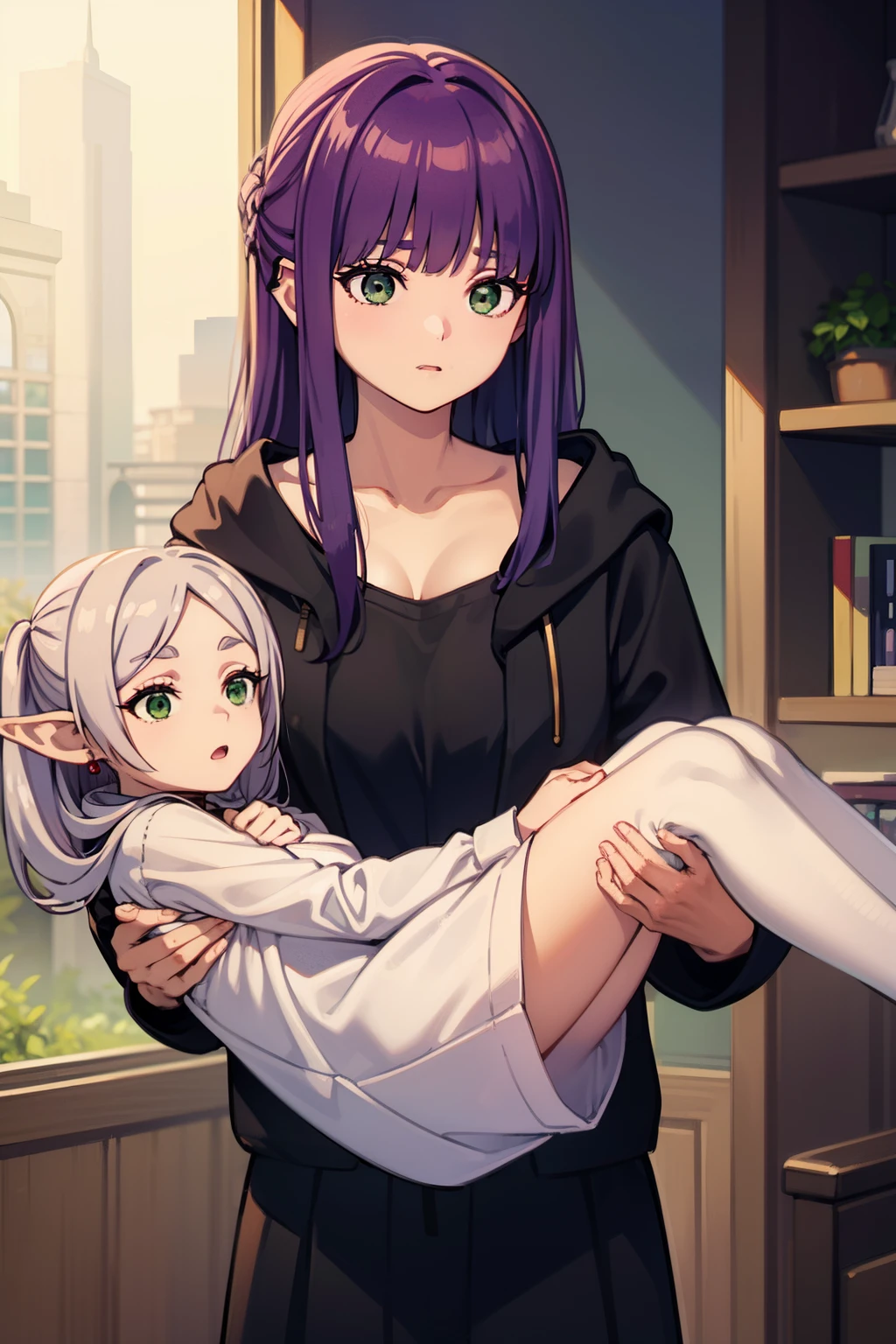 Frieren, detailed face frieren, frieren, long hair, twintails, (green eyes:1.5), grey hair, pointy ears, elf,,