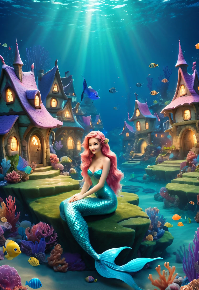 Fairy Tale Village，ocean floor，Beautiful mermaid princess