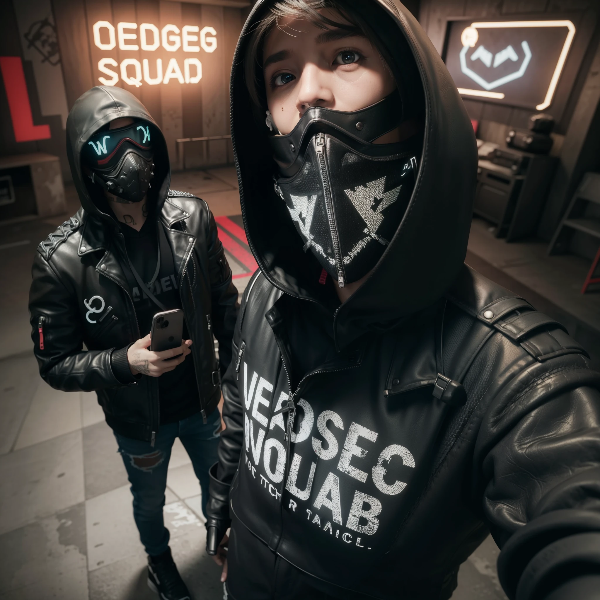 Wrench from watchdogs 2,  leather black jacket, neon x mask, hoody, standing, holding a phone