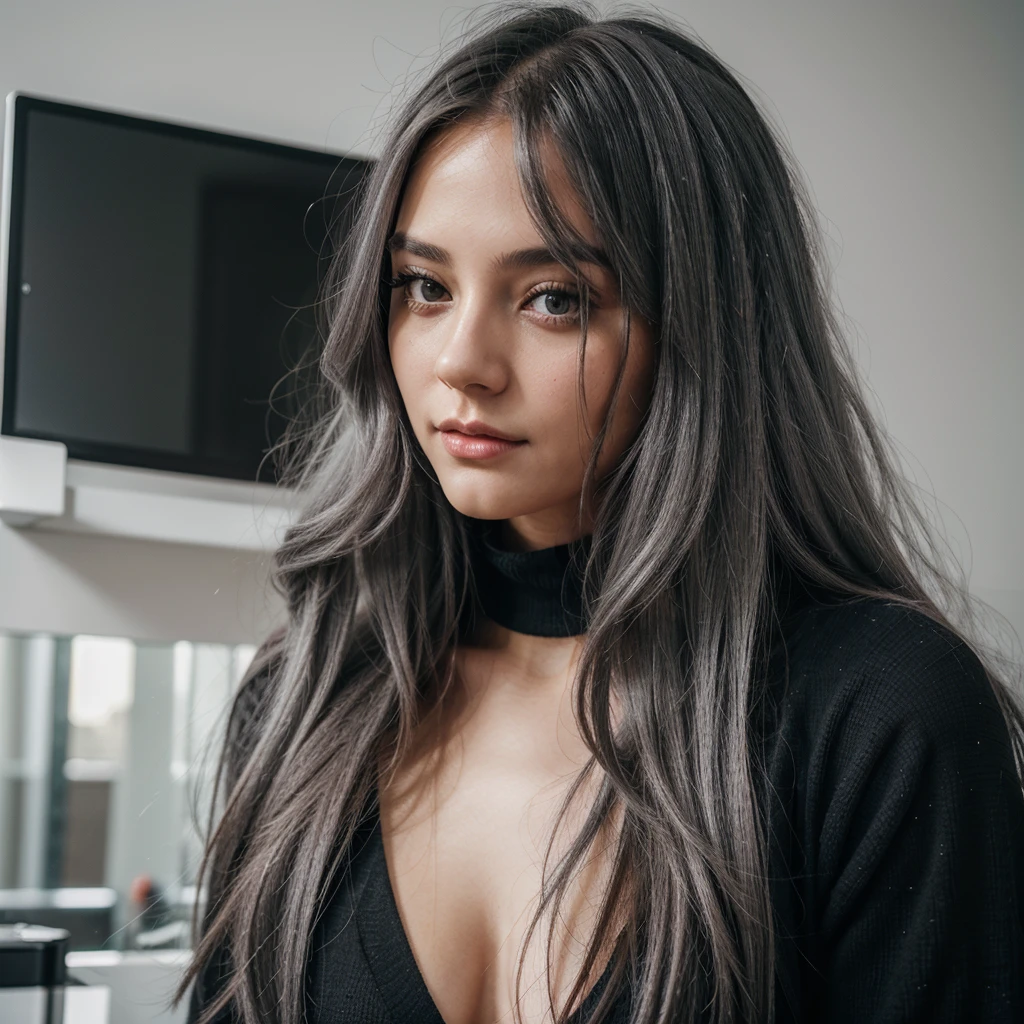 woman with long gray hair and black  , , so photo of a beautiful woman, high quality portrait, beautiful girl model, like selfy photo full size