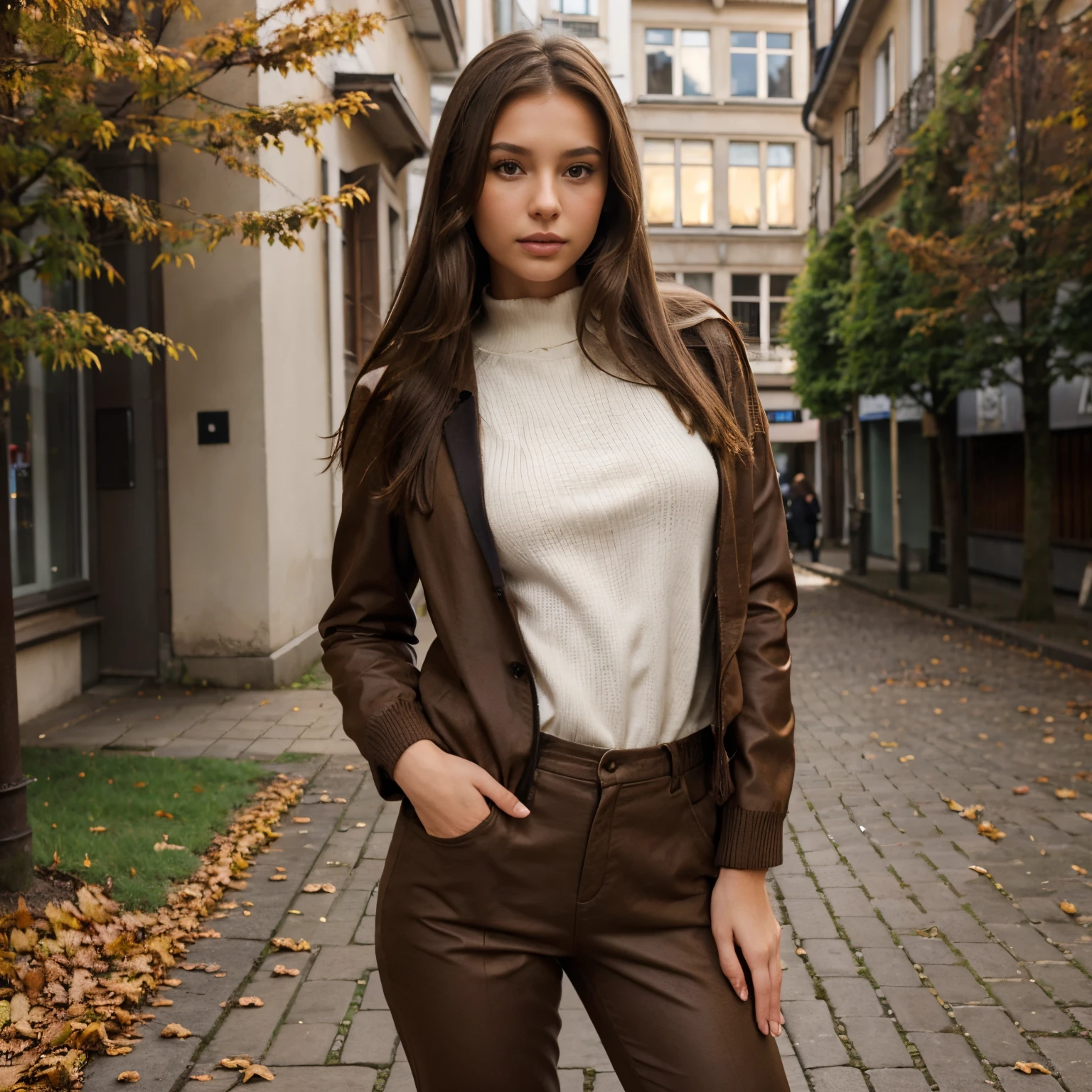 eine Frau mit langen braunen Haare in a brown jacket and white pullover, gorgeous woman, with dark brown hair, niedliches weibliches Modell, Dark brown hair and tanned skin, Beautiful female, langes, gewelltes brünettes Hair, Girl with long hair, gorgeous woman, Beautiful beautiful woman, Beautiful young model, Sophie Mudd, langes, gewelltes braunes Haar, Girl with dark brown hair, Herbstzeit, leaves, berlin, germany, full body