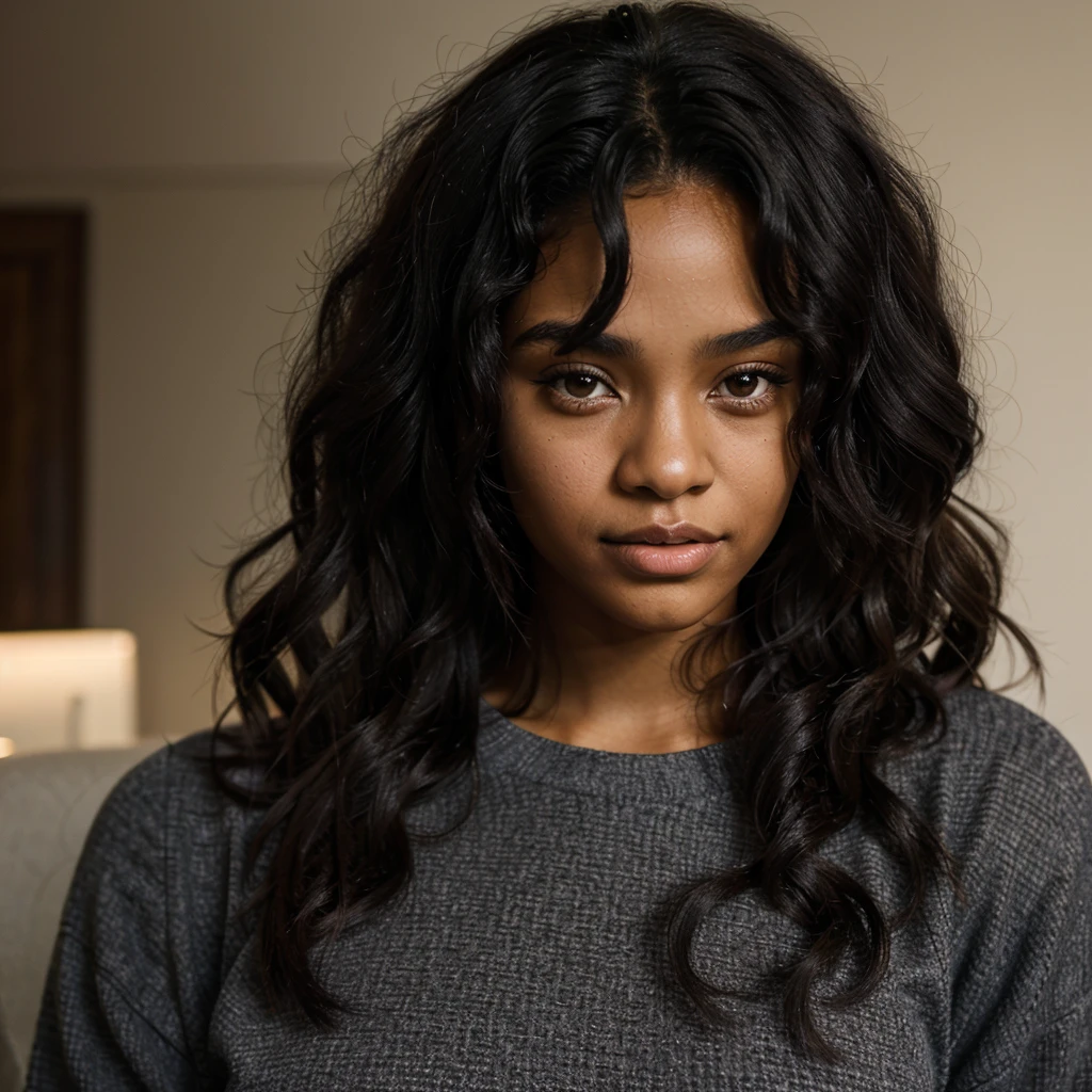 Ebony mixed race woman. Looks 18 years old. She has black, curly hair.