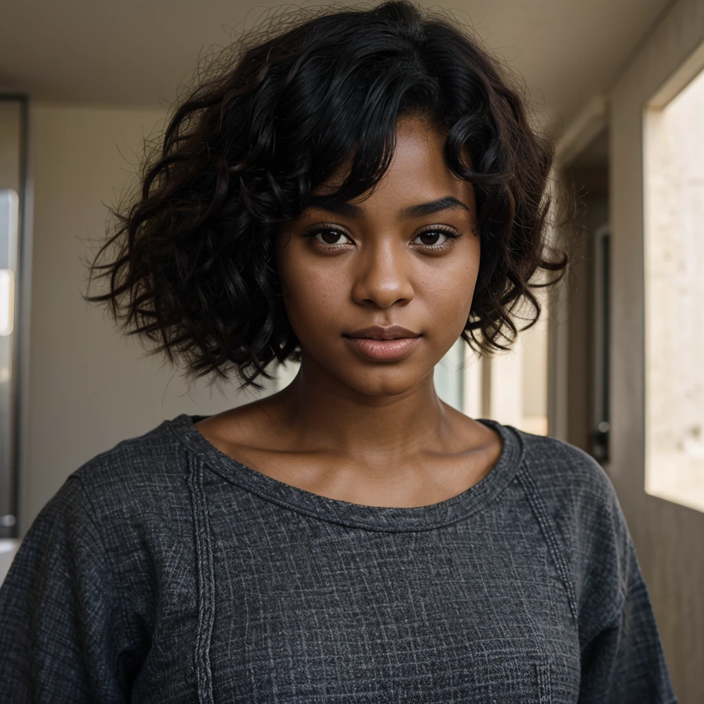 Ebony mixed race woman. Looks 18 years old. She has black, curly hair.