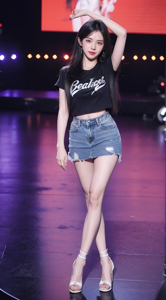 A Beautiful Girl, (((long-haired))), Sharp eyes, pretty smile, gorgeous face, slim, small waist, flat stomach, Small thighs, elongated legs, (((denim skirt, short skirt))), (((large ?????:1.3, from inside the shirt))), ((Short-sleeved T-shirt, close-fitting)), ???? Gestures, Red high heels, stage backdrop, In front of many people