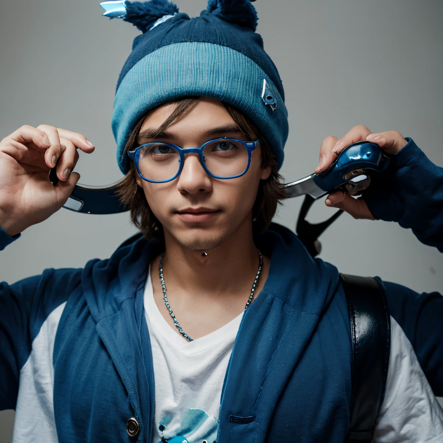 A boy with a cute blue monster beanie and a blue Coral Antlers and luxury R blue headphones and shiny Glasses