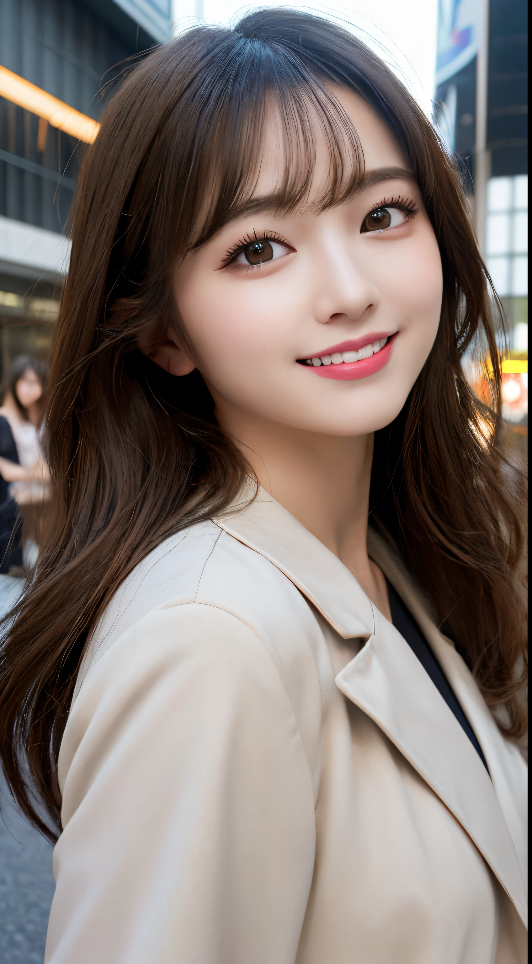 masutepiece, Best Quality, Illustration, Ultra-detailed, finely detail, hight resolution, 8K Wallpaper, Perfect dynamic composition, Beautiful detailed eyes, trench coat,Straight hair,Small breasts natural color lip, Bold sexy poses,Smile,Harajuku、20 years girl、Cute、Sexy shot looking at camera