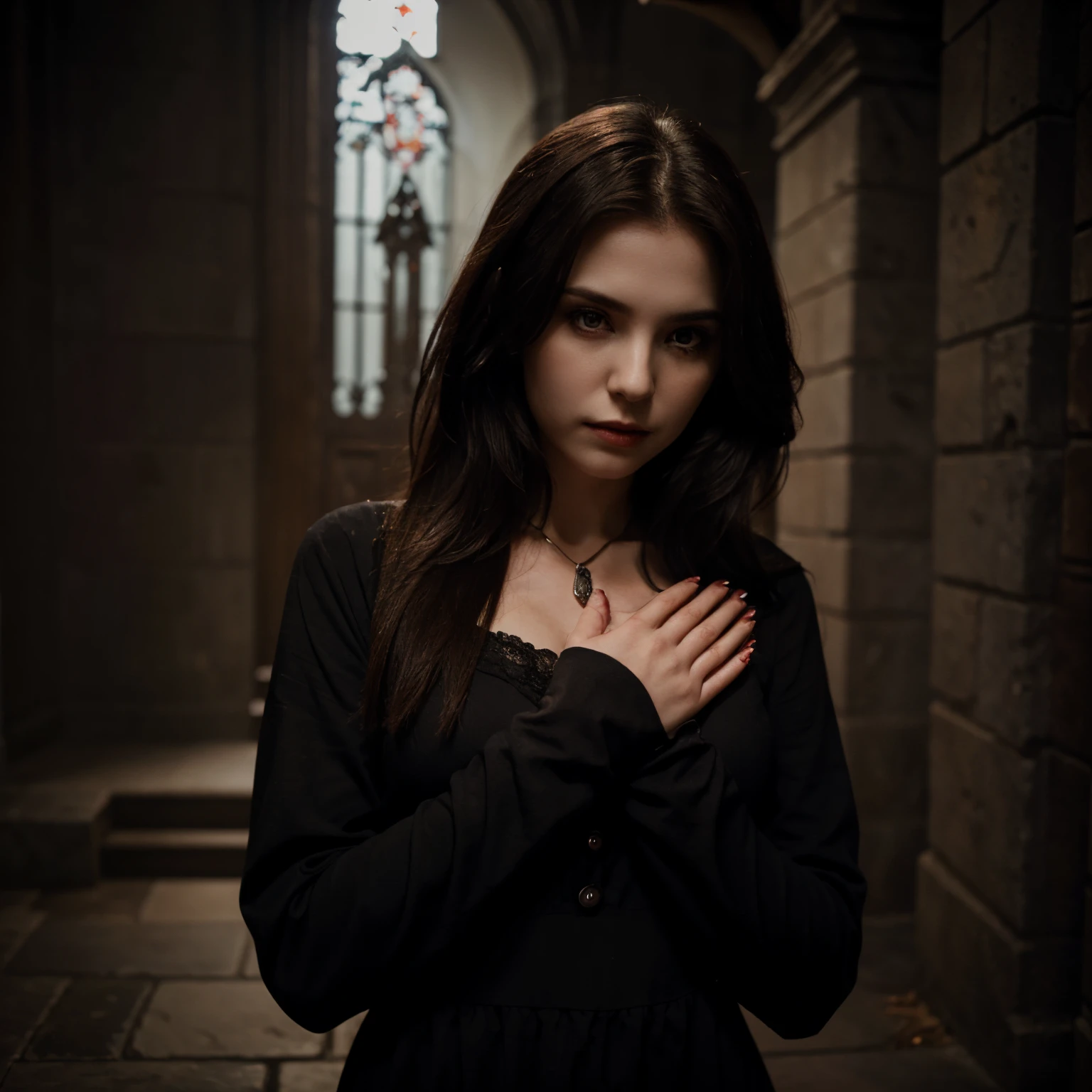 Vampire, praying hands, hands grabbing her, dark, pretty girl vampire, semi-realistic, face angle up, upper body