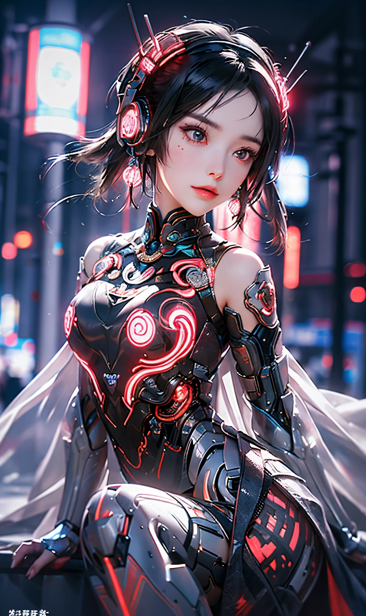 1 girl, chineseidol_The clothes ar, Metallic black titanium and pink, Cyberhan, on cheongsam, cyber punk city, dynamicposes, Detailed illuminated headphones, luminous hair ornaments, long whitr hair, luminous earrings, Glowing necklace, cyber punk perssonage, High-tech City, Full of mechanical and futuristic elements, A futuristic, technologies, glowing neon lights, Pink, pink light, Sexy skirts, translucent black cape, Laser light, digital background sky, large moon, There are vehicles, Best quality at best, tmasterpiece, 8K, Character edge light, hyper-high detail, high qulity, The most beautiful woman in man, ssmile, Face forward and symmetrical, ear jewelry, The long antenna emits light, Beautiful students, Efeito de Luz, Visual data, Silver, red, orange hair dyeing, ultra detailed facial texture, Joy and pride, arma , Passing by a crowded street, in mecha style, A luminous antenna worn on his head, Rear injector, Maiden sitting, Side leg contraction