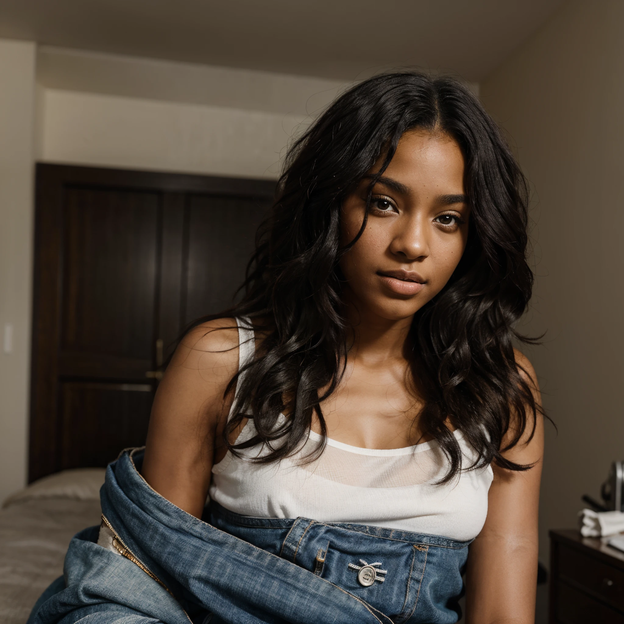 Ebony mixed race woman. Looks 18 years old. She has black, curly hair.
