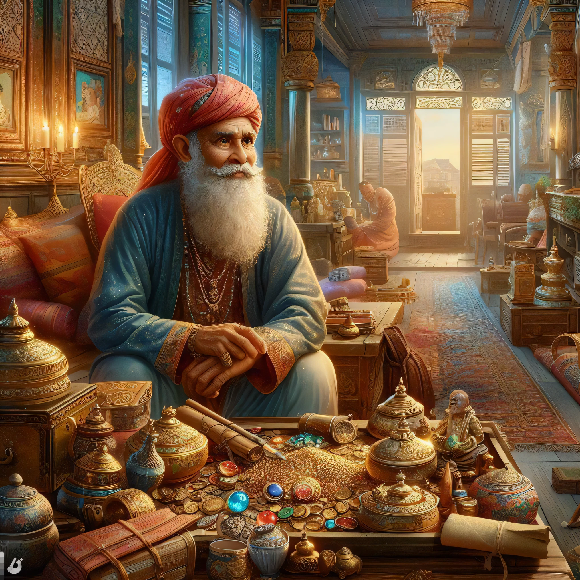a man sitting in a room with lots of antiques and a lamp, by Kerembeyit, inspired by Kerembeyit, inspired by Altoon Sultan, detailed game art illustration, by Alexander Kucharsky, by senior artist, by Pablo Munoz Gomez, by Ni Yuanlu, alchemist library background, by Mario Dubsky, arabian art