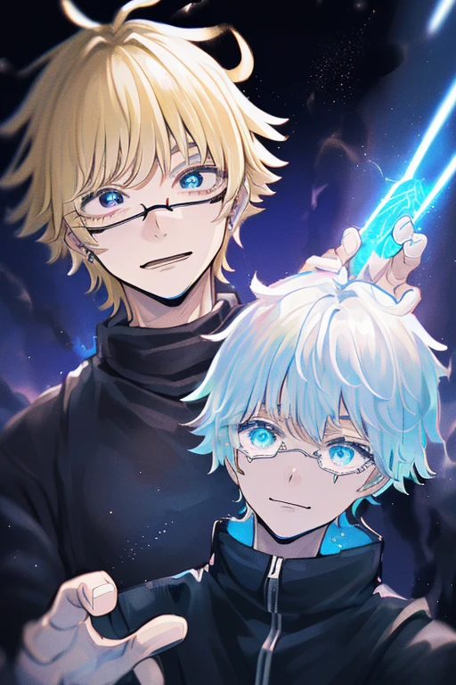 ((high detail、Cinematic blonde hair、Aquamarine Eyes、white eyelashes、god rays、Ray Tracing、ombre、optical 、upper-body、looking at the camera、Masterpiece、((super detaill、Best Quality、8K))、jujutsu kaisen、Gojo Gojo、black clothing、Surgical deployment、Perfect jet black background、serene look、powerful atmosphere of damnation、(Strange moonlight、ominous shadows、 Intense Blue Aura、 Intense red aura、Glyph of Power, which surrounds him、radiating magical energy、Mystical Artifacts、Ether particles、dynamicpose、Epic Soundtrack、(((Detailed arm)))、eyeglasses