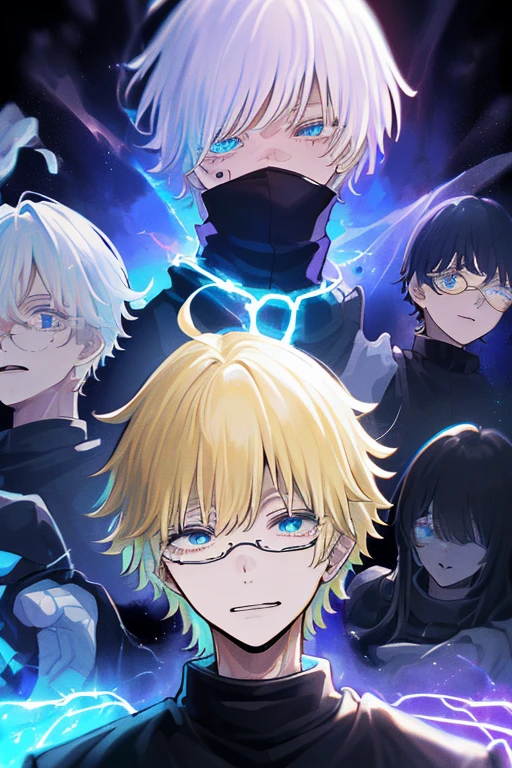 ((high detail、Cinematic blonde hair、Aquamarine Eyes、white eyelashes、god rays、Ray Tracing、ombre、optical 、upper-body、looking at the camera、Masterpiece、((super detaill、Best Quality、8K))、jujutsu kaisen、Gojo Gojo、black clothing、Surgical deployment、Perfect jet black background、serene look、powerful atmosphere of damnation、(Strange moonlight、ominous shadows、 Intense Blue Aura、 Intense red aura、Glyph of Power, which surrounds him、radiating magical energy、Mystical Artifacts、Ether particles、dynamicpose、Epic Soundtrack、(((Detailed arm)))、eyeglasses