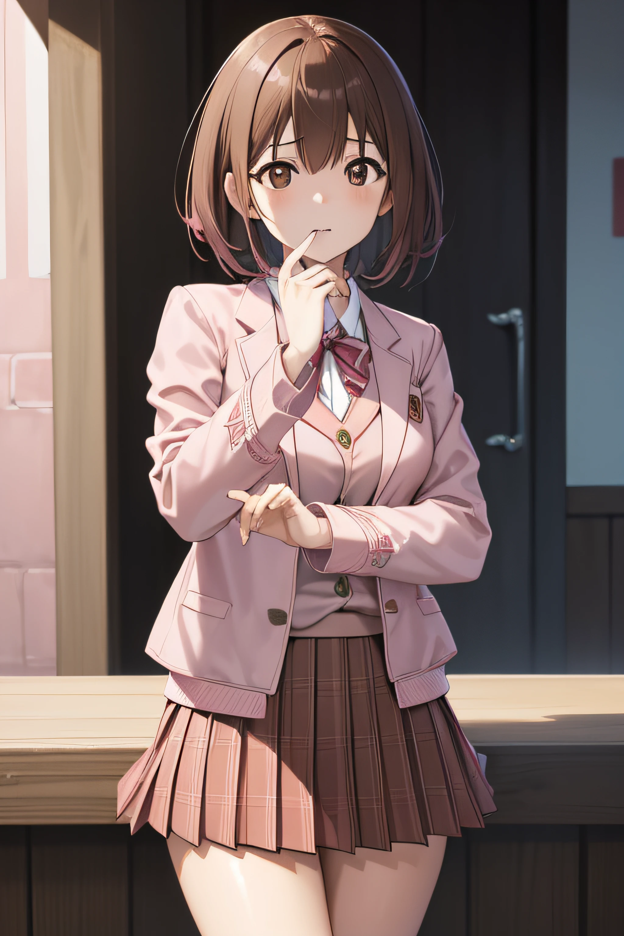 princess connecticui, Yui, bob cuts, (Brown eyes:1.7), Brown hair, Medium Hair,
Break the blazer, Jacket, neck tie, (Pink jacket:1.5), Plaid, plaid skirts, Pleated skirt, red necktie, (Red skirt:1.5), School uniform, Skirt, Tsubakigaoka Prefectural High School Uniform,Take a break to watch viewers see white panties,
Break indoors, crass room,
BREAK (masutepiece:1.2), Best Quality, High resolution, Unity 8k壁纸, (Illustration:0.8), (Beautiful detailed eyes:1.6), extra detailed face, Perfect Lighting, extremely details CG, (Perfect hands, Perfect Anatomy),