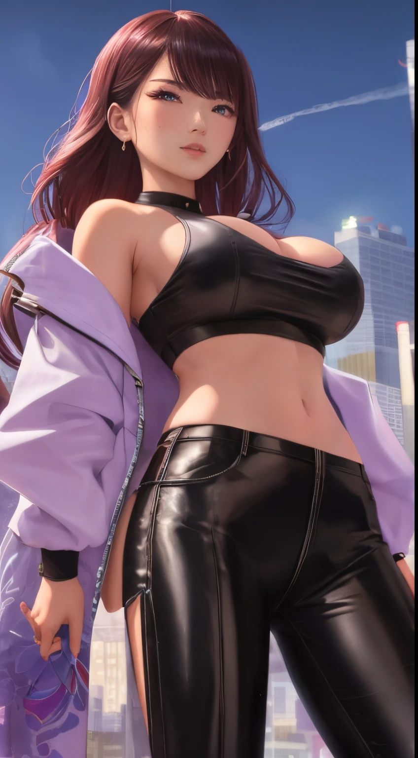 Master works, see under her skirt, best picture quality, higher quality, high detail, super high resolution, 1girl, delicate facial features, perfect face, glowing skin, a towering giantess wearing a cool and leisurely hippie style, crop top and loose pants. Her toned and athletic figure hints at her great strength. She seems to wander carelessly through the bustling cityscape of GTA vice City, with towering buildings looming overhead. Smoke and clouds rage around her, adding to the epic sense of scale and drama. The lighting dark, gloomy, and realistic, creating a tense and ominous atmosphere. From below, the perspective emphasizes the pure majesty and power of the giantess., gorgeous and , wet top