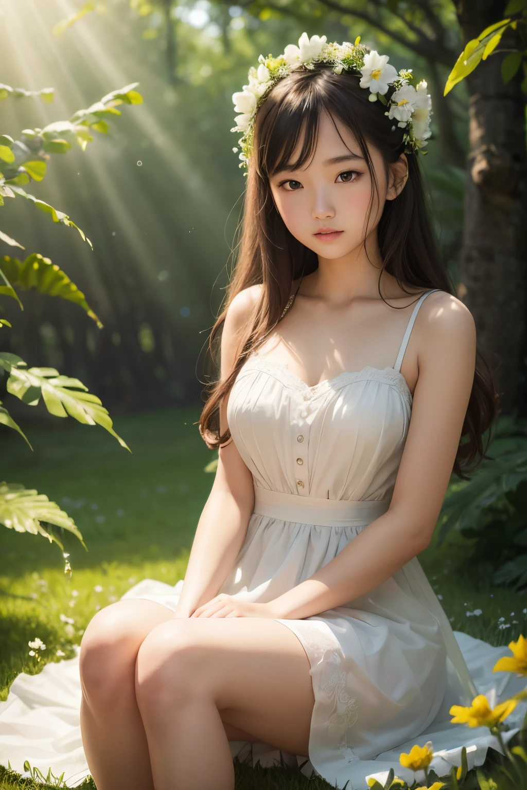 A very young woman sitting on her knees in paradise, White Dress, Sleeveless, Lots of flowers, Bright green lawn, PUPILS SPARKLING, depth of fields, masutepiece, ccurate, Anatomically correct, Textured skin, Super Detail, high details, High quality, hight resolution