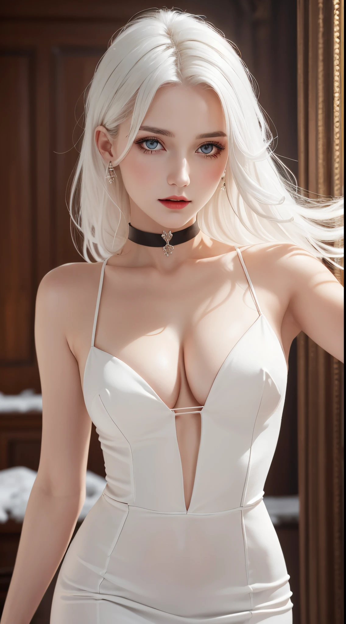 1 vampire girl, 24 years old vampire girl; European girl, hot model, evil Eyes, realistic skin, slim body shape, small size breast, cleavage, extremely detailed hair, delicate sexy face, gaze, red shiny lips. ((snowy-white hair)), side-swept hairstyle flowing down and over one eye, ear-tucked, a bit wavy hair. Downturned eyes. Red gothic-inspired tight gown. black gothic inspired choker covering her whole neck and collarbone, sleeveless, long gloves. indoor, royal. (Masterpiece, best quality, photorealistic, highres, photography), very close-up shot, sharp focus, ((realistic, super realistic, realism, realistic detail)).