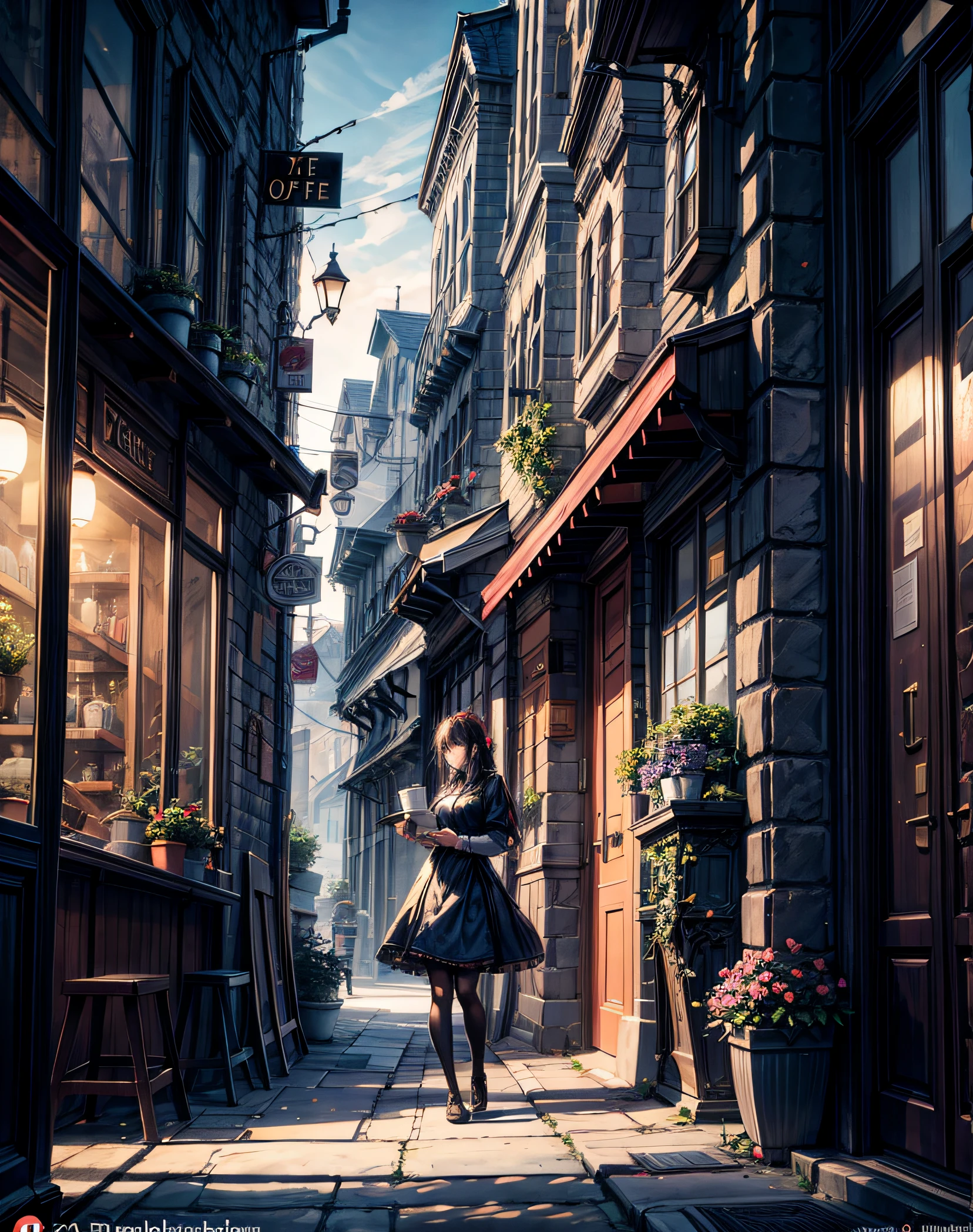 Cafe scene, There  a street，There are many flowers and plants on it, unreal-engine ; romantic motifs, cozy cafe background, city street movie lighting, Pleasant and comfortable atmosphere, Gorgeous atmosphere, magical ambiance, Fantastical Atmosphere, beautiful ambiance, photorealistic streetscape, beautiful render of a fairytale, Beautiful digital artwork, beautiful ambiance, beautiful ambiance, Bustling magic town