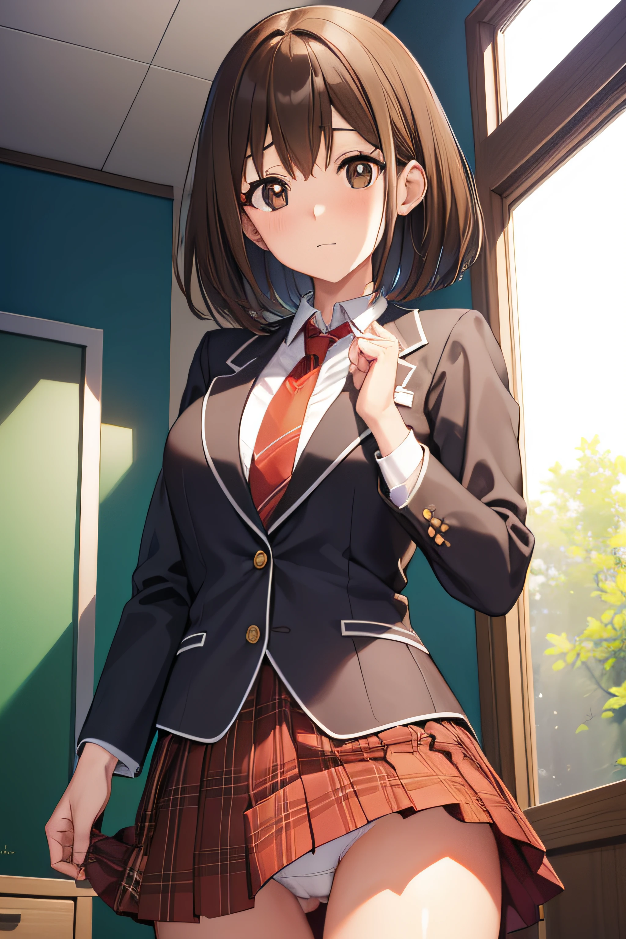 princess konechiku, Yui, bob cuts, (Brown eyes:1.7), Brown hair, Medium Hair, Break the blazer, Plaid, plaid skirts, Pleated skirt, red necktie, (Red skirt:1.5), School uniform, Skirt, Tsubakigaoka Prefectural High School Uniform,lift skates、(((White panties are visible))), BREAK looking at viewer, Break indoors, crass room, BREAK (masutepiece:1.2), Best Quality, High resolution, Unity 8k壁纸, (Illustration:0.8), (Beautiful detailed eyes:1.6), extra detailed face, Perfect Lighting, extremely details CG, (Perfect hands, Perfect Anatomy),