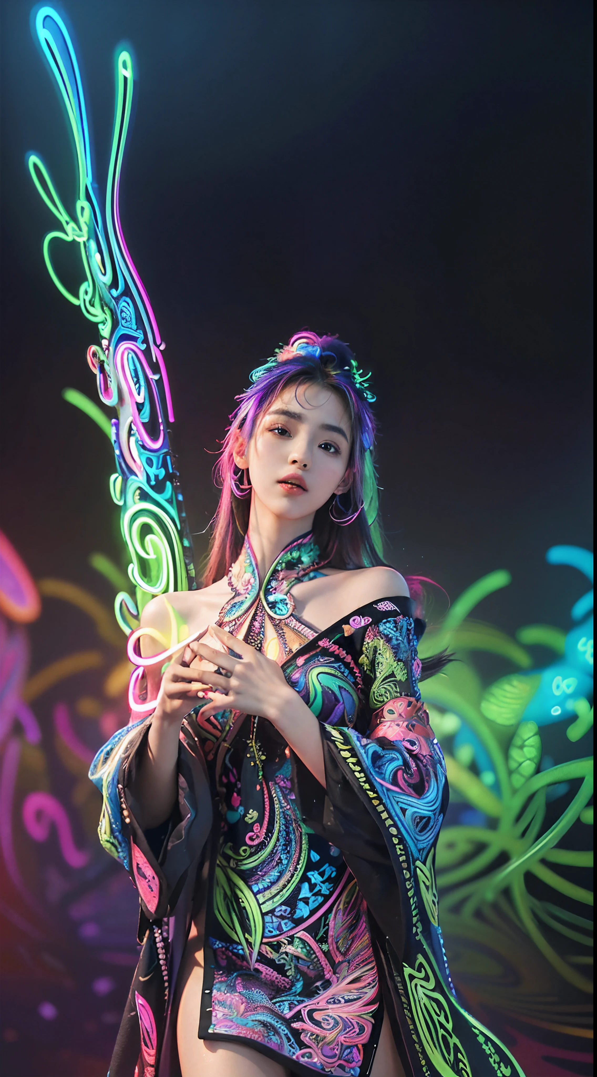 (Masterpiece, Top Quality, Best Quality, Official Art, Beautiful and aesthetic:1.2), (1Girl:1.3), Extremely detailed,(fractal art:1.2),colourfull,highest details,( Zentangle neon:1.2), (Dynamic Pose), (Abstract background neon:1.5), (treditional dress:1.2), (sparkly skin), (many colors:1.4), upper half body ,neons,16 k,Full HD